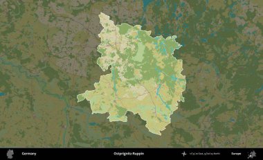 Ostprignitz-Ruppin. Almanya 'nın idari alanı koyu renkli bir Topografik İnsani Yardım Stili haritasına vurgulandı ve özetlendi