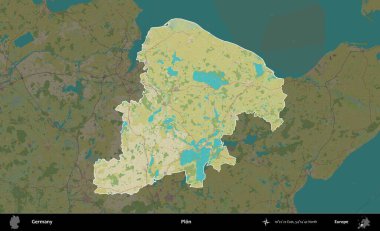 Plon. Almanya 'nın idari alanı koyu renkli bir Topografik İnsani Yardım Stili haritasına vurgulandı ve özetlendi