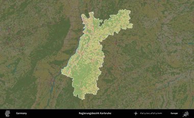 Regierungsbezirk Karlsruhe Almanya 'nın idari alanı koyu renkli bir Topografik İnsani Yardım Stili haritasına vurgulandı ve özetlendi
