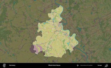 Rhein-Kreis Neuss. Almanya 'nın idari alanı koyu renkli bir Topografik İnsani Yardım Stili haritasına vurgulandı ve özetlendi
