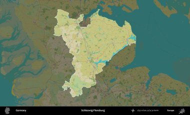 Holstein-Flensburg. Almanya 'nın idari alanı koyu renkli bir Topografik İnsani Yardım Stili haritasına vurgulandı ve özetlendi