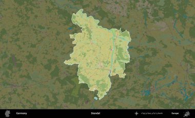 Stendal. Almanya 'nın idari alanı koyu renkli bir Topografik İnsani Yardım Stili haritasına vurgulandı ve özetlendi
