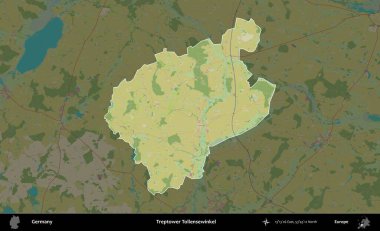 Treptower Tollensewinkel. Almanya 'nın idari alanı koyu renkli bir Topografik İnsani Yardım Stili haritasına vurgulandı ve özetlendi