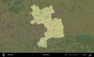 Kreis Unna. Almanya 'nın idari alanı koyu renkli bir Topografik İnsani Yardım Stili haritasına vurgulandı ve özetlendi