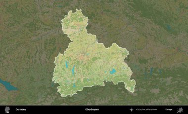 Oberbayern. Almanya 'nın idari alanı koyu renkli bir Topografik İnsani Yardım Stili haritasına vurgulandı ve özetlendi