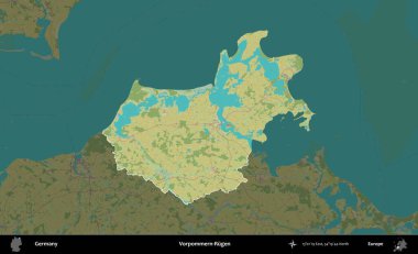 Vorpommern-Rugen. Almanya 'nın idari alanı koyu renkli bir Topografik İnsani Yardım Stili haritasına vurgulandı ve özetlendi
