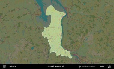 Landkreis Wesermarsch. Almanya 'nın idari alanı koyu renkli bir Topografik İnsani Yardım Stili haritasına vurgulandı ve özetlendi