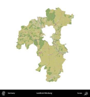 Landkreis Wurzburg. Almanya 'nın idari bölgesi Topografik İnsani Stil Haritasında beyaza izole edildi