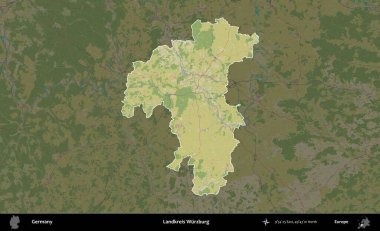 Landkreis Wurzburg. Almanya 'nın idari alanı koyu renkli bir Topografik İnsani Yardım Stili haritasına vurgulandı ve özetlendi