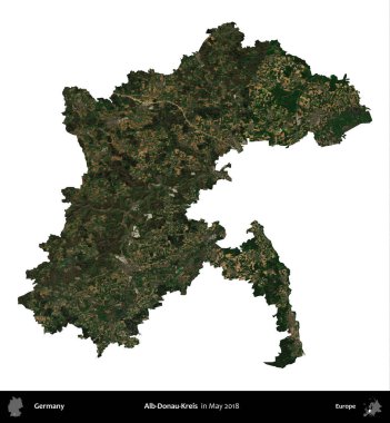 Alb-Donau-Kreis. Almanya 'nın idari bölgesi, Mayıs 2018' de çekilen Kopernik Nöbetçi karolarından oluşan bir uydu görüntüsüyle beyaza izole edildi.