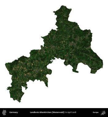 Landkreis Altenkirchen (Westerwald). Almanya 'nın idari bölgesi, Nisan 2018' de çekilen Kopernik Nöbetçi karolarından oluşan uydu görüntüsüyle beyaza izole edildi.