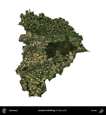 Landkreis Altotting. Almanya 'nın idari bölgesi, Mayıs 2018' de çekilen Kopernik Nöbetçi karolarından oluşan bir uydu görüntüsüyle beyaza izole edildi.