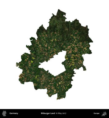 Bitburger Diyarı. Almanya 'nın idari bölgesi, Mayıs 2017' de çekilen Kopernik Nöbetçi karolarından oluşan bir uydu görüntüsü ile beyaza izole edildi.