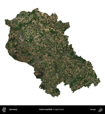 Kreis Coesfeld. Almanya 'nın idari bölgesi, Nisan 2020' de çekilen Kopernik Nöbetçi karolarından oluşan bir uydu görüntüsüyle beyaza izole edildi.