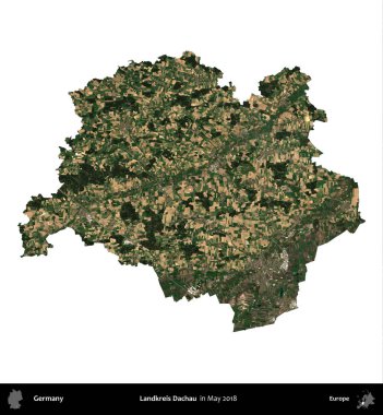 Landkreis Dachau. Almanya 'nın idari bölgesi, Mayıs 2018' de çekilen Kopernik Nöbetçi karolarından oluşan bir uydu görüntüsüyle beyaza izole edildi.