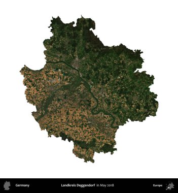 Landkreis Deggendorf. Almanya 'nın idari bölgesi, Mayıs 2018' de çekilen Kopernik Nöbetçi karolarından oluşan bir uydu görüntüsüyle beyaza izole edildi.