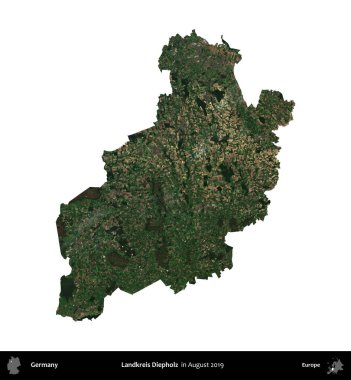 Landkreis Diepholz. Almanya 'nın idari bölgesi, Ağustos 2019' da çekilen Kopernik Nöbetçi karolarından oluşan bir uydu görüntüsüyle beyaza izole edildi.