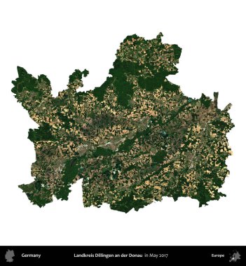Landkreis Dillingen an der Donau. Almanya 'nın idari bölgesi, Mayıs 2017' de çekilen Kopernik Nöbetçi karolarından oluşan bir uydu görüntüsü ile beyaza izole edildi.