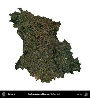 Regierungsbezirk Düsseldorf. Almanya 'nın idari bölgesi, Haziran 2018' de çekilen Kopernik Nöbetçi karolarından oluşan bir uydu görüntüsüyle beyaza izole edildi.