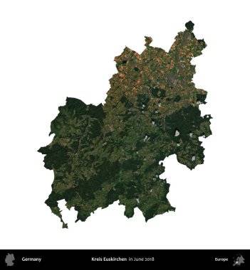 Kreis Euskirchen. Almanya 'nın idari bölgesi, Haziran 2018' de çekilen Kopernik Nöbetçi karolarından oluşan bir uydu görüntüsüyle beyaza izole edildi.