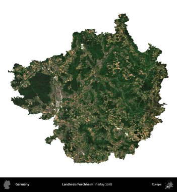 Landkreis Forchheim. Almanya 'nın idari bölgesi, Mayıs 2018' de çekilen Kopernik Nöbetçi karolarından oluşan bir uydu görüntüsüyle beyaza izole edildi.