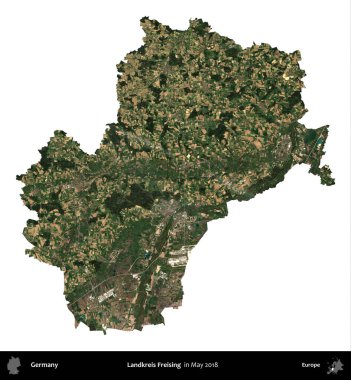 Landkreis Freising. Almanya 'nın idari bölgesi, Mayıs 2018' de çekilen Kopernik Nöbetçi karolarından oluşan bir uydu görüntüsüyle beyaza izole edildi.