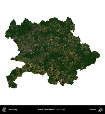 Landkreis Gieen. Almanya 'nın idari bölgesi, Nisan 2018' de çekilen Kopernik Nöbetçi karolarından oluşan uydu görüntüsüyle beyaza izole edildi.