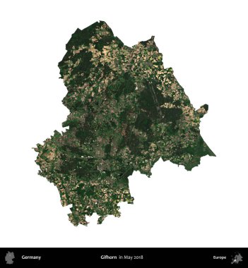 Gifhorn. Almanya 'nın idari bölgesi, Mayıs 2018' de çekilen Kopernik Nöbetçi karolarından oluşan bir uydu görüntüsüyle beyaza izole edildi.