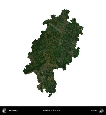 Hessen. Almanya 'nın idari bölgesi, Mayıs 2018' de çekilen Kopernik Nöbetçi karolarından oluşan bir uydu görüntüsüyle beyaza izole edildi.