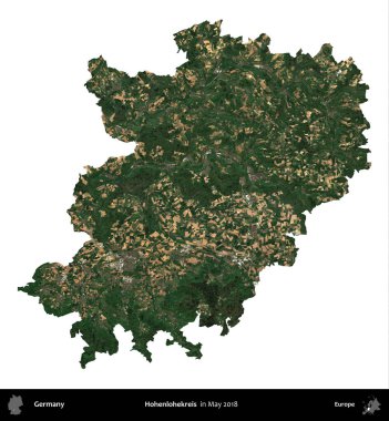 Hohenlohekreis. Almanya 'nın idari bölgesi, Mayıs 2018' de çekilen Kopernik Nöbetçi karolarından oluşan bir uydu görüntüsüyle beyaza izole edildi.