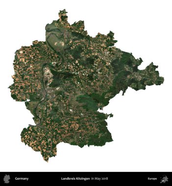 Landkreis Kitzingen. Almanya 'nın idari bölgesi, Mayıs 2018' de çekilen Kopernik Nöbetçi karolarından oluşan bir uydu görüntüsüyle beyaza izole edildi.