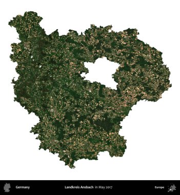 Landkreis Ansbach. Almanya 'nın idari bölgesi, Mayıs 2017' de çekilen Kopernik Nöbetçi karolarından oluşan bir uydu görüntüsü ile beyaza izole edildi.