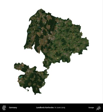 Landkreis Karlsruhe. Almanya 'nın idari bölgesi, Haziran 2019' da çekilen Kopernik Nöbetçi karolarından oluşan bir uydu görüntüsüyle beyaza izole edildi.