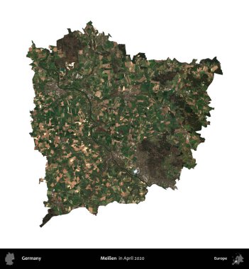 Meien. Almanya 'nın idari bölgesi, Nisan 2020' de çekilen Kopernik Nöbetçi karolarından oluşan bir uydu görüntüsüyle beyaza izole edildi.