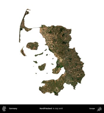 Nordfriesland 'de. Almanya 'nın idari bölgesi, Temmuz 2018' de çekilen Kopernik Nöbetçi karolarından oluşan uydu görüntüsüyle beyaza izole edildi.
