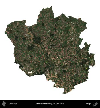 Landkreis Oldenburg. Almanya 'nın idari bölgesi, Nisan 2020' de çekilen Kopernik Nöbetçi karolarından oluşan bir uydu görüntüsüyle beyaza izole edildi.