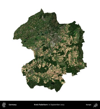 Kreis Paderborn. Almanya 'nın idari bölgesi, Eylül 2023' te çekilen Kopernik Nöbetçi karolarından oluşan bir uydu görüntüsüyle beyaza izole edildi.