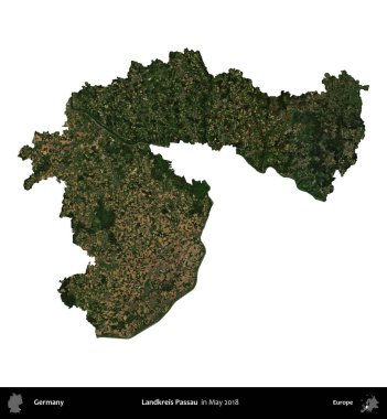 Landkreis Passau. Almanya 'nın idari bölgesi, Mayıs 2018' de çekilen Kopernik Nöbetçi karolarından oluşan bir uydu görüntüsüyle beyaza izole edildi.