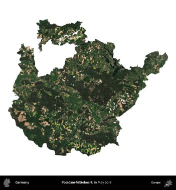 Potsdam-Mittelmark. Almanya 'nın idari bölgesi, Mayıs 2018' de çekilen Kopernik Nöbetçi karolarından oluşan bir uydu görüntüsüyle beyaza izole edildi.