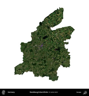 Rendsburg-Eckernforde. Almanya 'nın idari bölgesi, Haziran 2022' de çekilen Kopernik Nöbetçi karolarından oluşan bir uydu görüntüsüyle beyaza izole edildi.