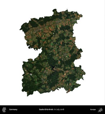 Saale-Orla-Kreis. Almanya 'nın idari bölgesi, Temmuz 2018' de çekilen Kopernik Nöbetçi karolarından oluşan uydu görüntüsüyle beyaza izole edildi.