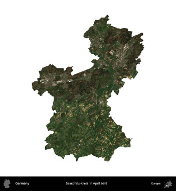 Saarpfalz-Kreis. Almanya 'nın idari bölgesi, Nisan 2018' de çekilen Kopernik Nöbetçi karolarından oluşan uydu görüntüsüyle beyaza izole edildi.