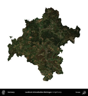 Landkreis Schmalkalden-Meiningen. Almanya 'nın idari bölgesi, Nisan 2019' da çekilen Kopernik Nöbetçi karolarından oluşan uydu görüntüsüyle beyaza izole edildi.