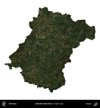 Schwalm-Eder-Kreis. Almanya 'nın idari bölgesi, Nisan 2019' da çekilen Kopernik Nöbetçi karolarından oluşan uydu görüntüsüyle beyaza izole edildi.