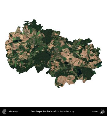 Sternberger Seenlandschaft. Almanya 'nın idari bölgesi, Eylül 2023' te çekilen Kopernik Nöbetçi karolarından oluşan bir uydu görüntüsüyle beyaza izole edildi.