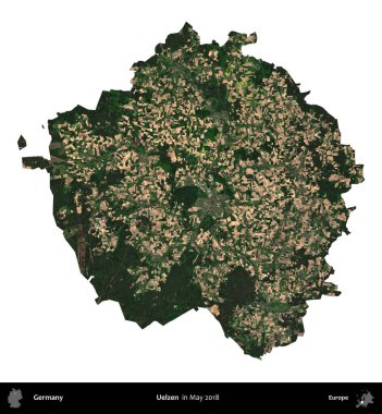 Uelzen. Almanya 'nın idari bölgesi, Mayıs 2018' de çekilen Kopernik Nöbetçi karolarından oluşan bir uydu görüntüsüyle beyaza izole edildi.