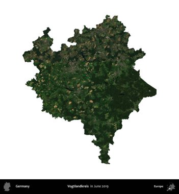 Vogtlandkreis. Almanya 'nın idari bölgesi, Haziran 2019' da çekilen Kopernik Nöbetçi karolarından oluşan bir uydu görüntüsüyle beyaza izole edildi.