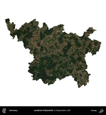 Landkreis Vulkaneifel. Almanya 'nın idari bölgesi, Eylül 2018' de çekilen Kopernik Nöbetçi karolarından oluşan uydu görüntüsüyle beyaza izole edildi.