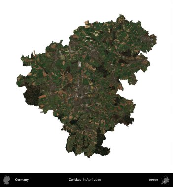 Zwickau 'da. Almanya 'nın idari bölgesi, Nisan 2020' de çekilen Kopernik Nöbetçi karolarından oluşan bir uydu görüntüsüyle beyaza izole edildi.