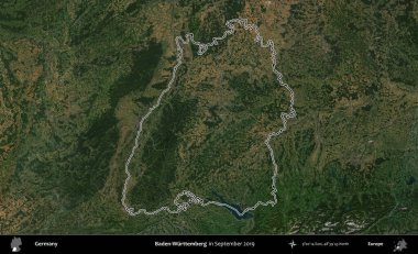 Baden-Wurttemberg. Almanya 'nın idari bölgesi, Eylül 2019' da çekilen Kopernik Nöbetçi karolarından oluşan bir uydu görüntüsünde özetlenmiştir.